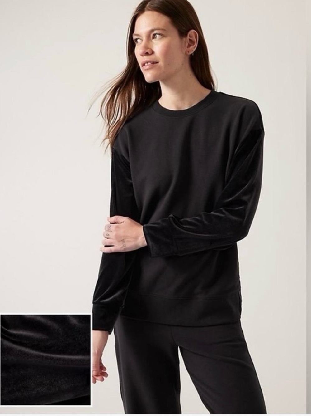 Athleta Black Retroplush Velvet Pullover Crewneck Sweatshirt Side Buttons SizeS